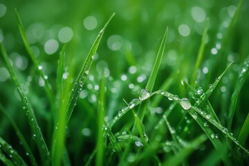 Obraz premium Dewdrops glimmer on freshly cut grass in early morning sunlight creating a serene natural landscape