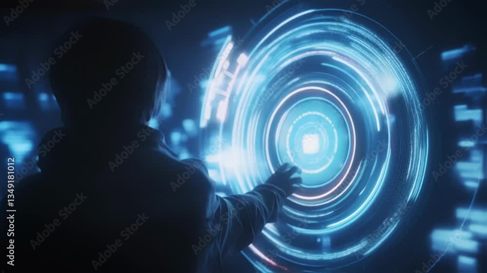 Poster businessman analyzing a glowing circular data display filled with various business statistics, embod