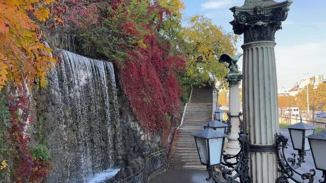 Artificial waterfall on the Gellert Hill  in Budapest in autumn