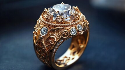 Exquisite gold ring with intricate diamond detailing.  A large, round center diamond is encompassed by detailed gold filigree and smaller diamonds.  The ring showcases a classic, ornate design