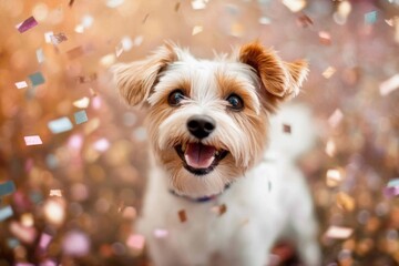 Joyful dog celebrates with colorful confetti during a festive party gathering in a cheerful atmosphere