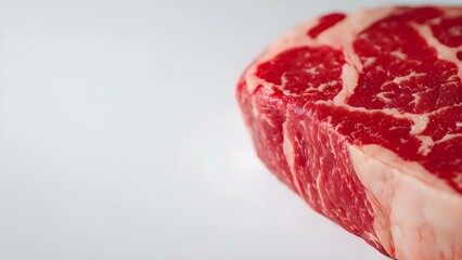 A piece of marbled raw beef steak, showcasing its red meat and white fat. Concept Beef Steak Anatomy, Marbling Explained, Cooking Techniques, Meat Quality Grades, Nutritional Benefits