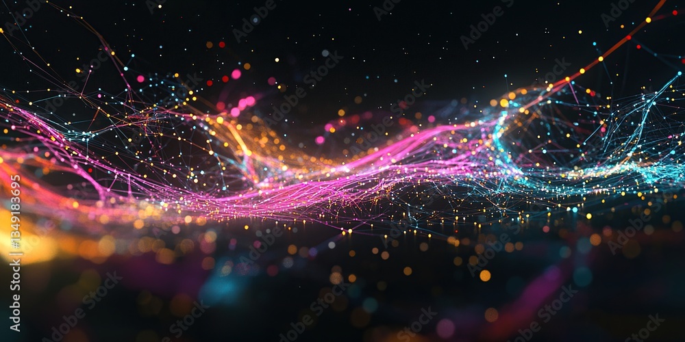 Poster abstract glowing particle background with dynamic waves and vibrant colors