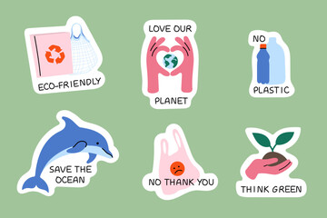 Eco-Friendly stickers set &ndash; save the planet, no plastic, think green, love our planet, dolphin conservation