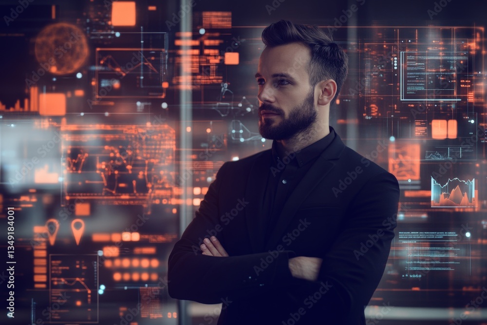 Poster business professional analyzing data in a modern workspace with digital interfaces