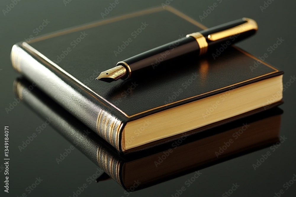 Poster Elegant black notebook and fountain pen resting on a reflective surface in a softly lit setting