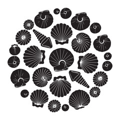 Circular Collection of Seashell Silhouettes – Assorted Marine Shell Shapes in Black and White for Nautical, Coastal, and Ocean-Inspired Design Elements