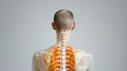 Scoliosis surgery concept. Transparent human skeleton model showcasing the spine and back muscles against a neutral background.