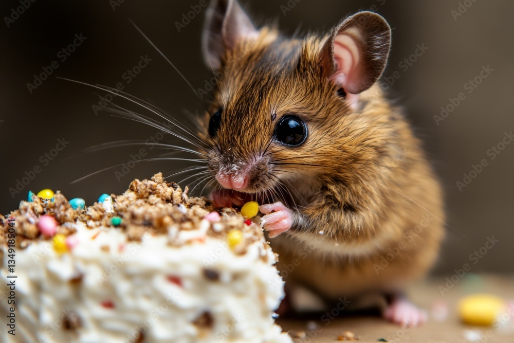 Poster little mouse enjoys a piece of cake decorated with colorful sprinkles in a cozy setting