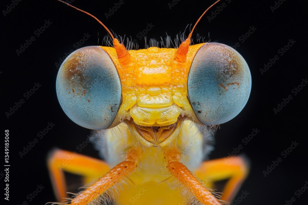 Poster Close-up exploration of a vibrant insect showcasing intricate details and colors in a dark setting