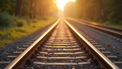 Obraz premium Railway track railroad with sunlight. Rails extend into distance. Concept of travel, transport, logistics, industrial infrastructure, business, shipping, delivery. Metal, steel, iron construction,
