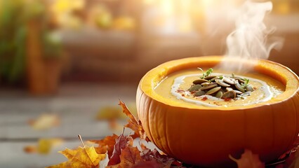A steaming bowl of pumpkin soup served in a hollowed pumpkin, surrounded by autumn leaves. Concept Pumpkin Soup Presentation, Seasonal Decor, Autumn Vibes, Rustic Serving Ideas