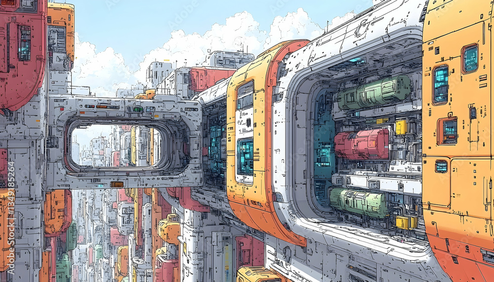 Poster a complex futuristic city scene with connected modular structures under a bright sky, showing the be