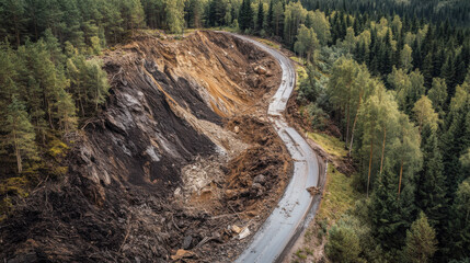 Aerial View of Landslide After Heavy Rainfall, Revealing Erosion Along Forest Road Surrounded by Lush Green Trees and Rocky Terrain in a Scenic Nature Landscape