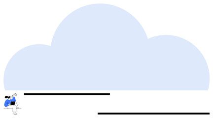 Woman sitting and holding a magnifying glass alongside a large cloud shape. Ideal for innovation, creativity, exploration, problem-solving, cloud computing, brainstorming, analysis, flat simple