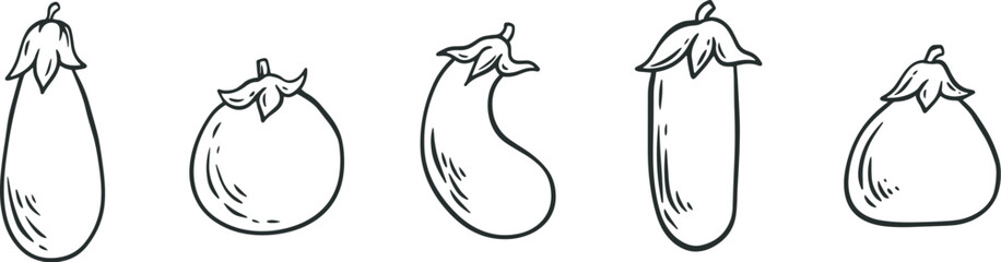 Cartoon eggplant in hand draw outline style. Set of monochrome vegetables plants different shapes. Doodle vector illustration.