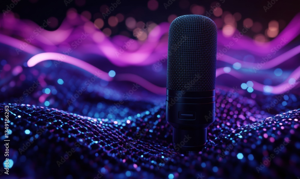 Poster microphone on vibrant abstract background with colorful waves and bokeh lights