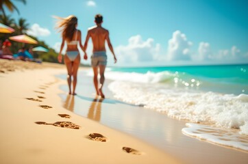 夏のビーチリゾート・カップルが歩く美しい海岸と波打ち際の足跡