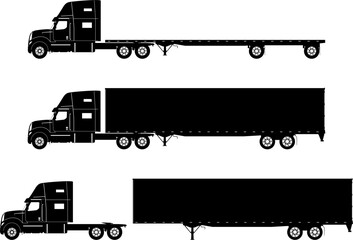 Truck icon. Set of modern semi truck silhouettes. Side view. Flat vector