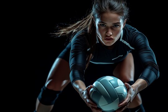 Female volleyball player focuses intently while preparing to serve during a low-light match