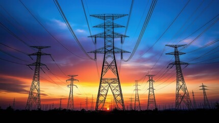 Fototapeta premium Electricity pylons silhouetted against vibrant sunset sky with dramatic clouds