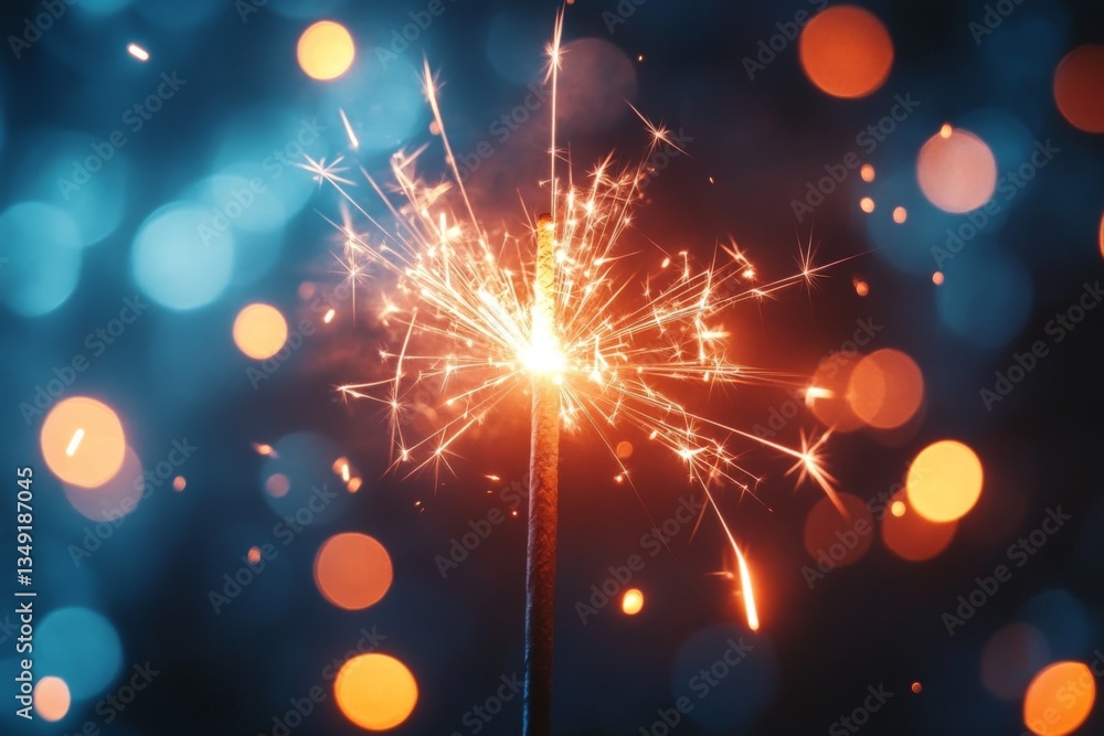 Poster sparkler brightly illuminates the night during a festive celebration with colorful bokeh in the back