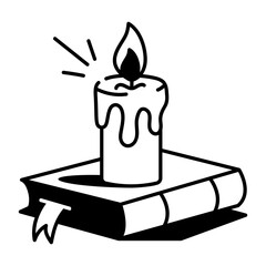 Melting magic candle on a book, doodle style icon
