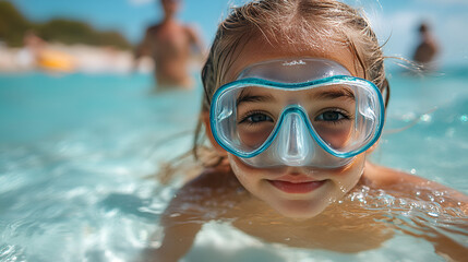 A curious girl's underwater adventure, a sunny beach day exploring the crystal-clear turquoise water with a playful smile.