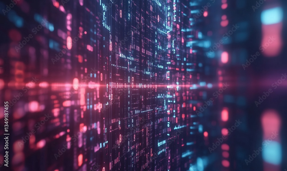 Poster Abstract digital data stream with glowing binary code and vibrant colors