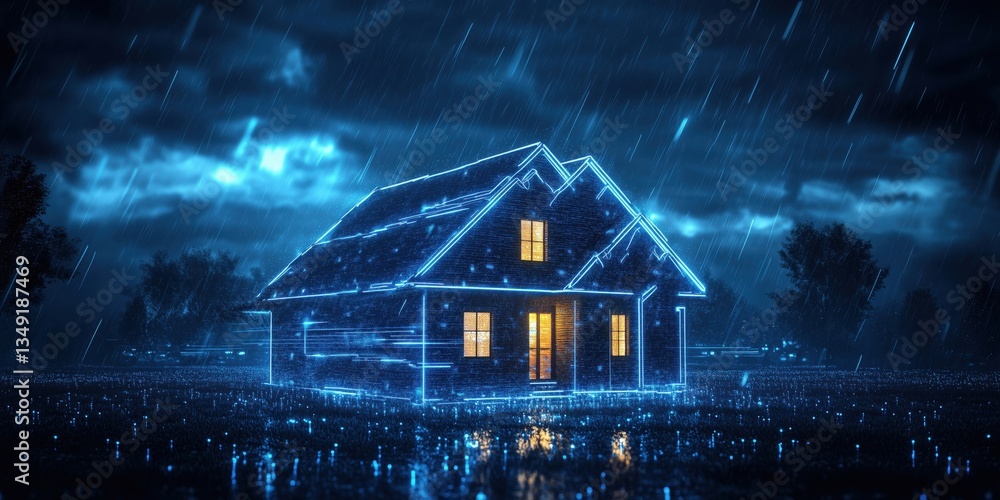 Poster futuristic glowing house in rain with digital wireframe design and illuminated windows
