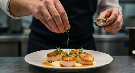 Chef Preparing Delicious Pan Seared Seafood with Orange Sauce and Fresh Herbs