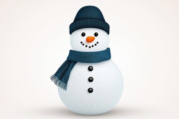 Fototapeta premium Cheerful Snowman with Blue Hat and Scarf on Light Background