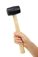 Hand Holding Black Rubber Mallet on White Background