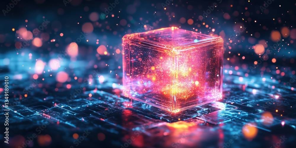 Poster glowing abstract cube with vibrant particles and digital background effects
