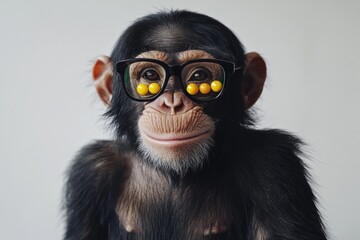 Fototapeta premium Cute monkey wearing glasses with yellow balls inside, posing against a simple background in a playful manner