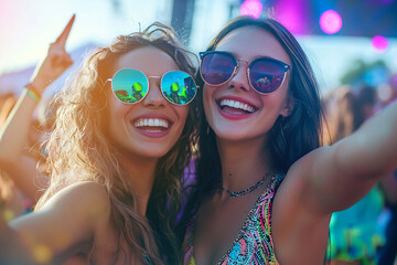 Two smiling women taking a selfie at a music festival with crowd reflected in sunglasses lenses