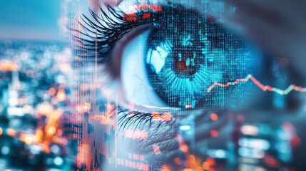 Blue Eye with Data Overlay and City Nightscape Background