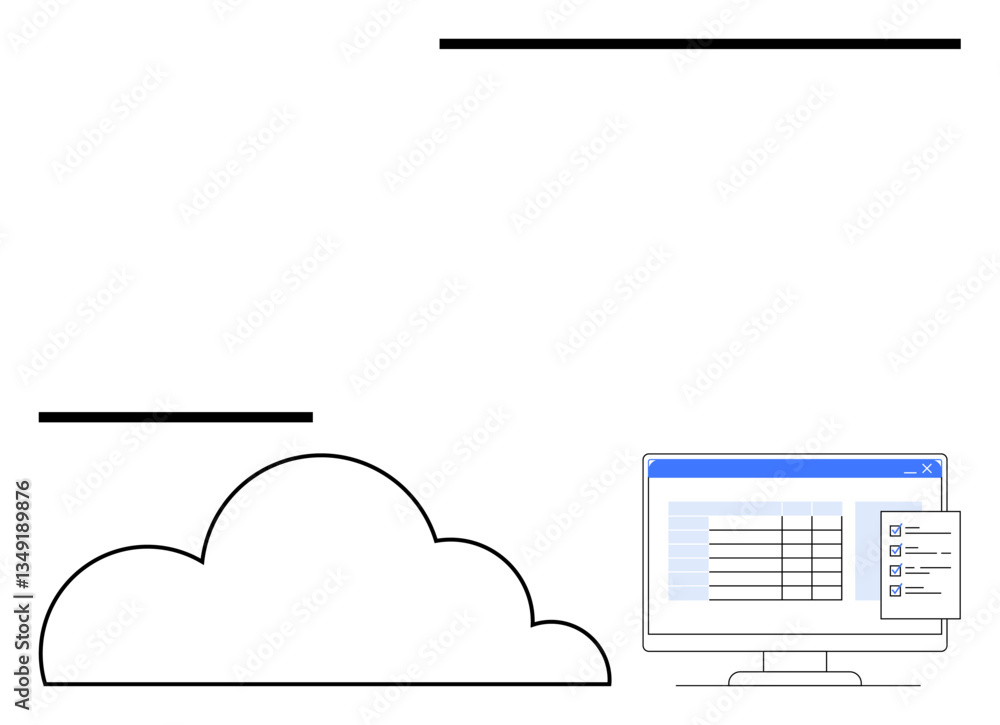 Poster computer monitor displaying a data management interface next to a cloud shape. ideal for technology,