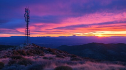 Telecommunication tower at sunset with vibrant sky and mountain landscape