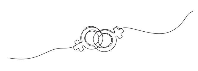 Continuous thin line gender icon, minimalist male female rights draw, one line art sex equity symbol,