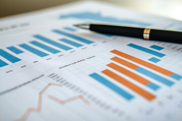 Close up of financial graphs and charts with a black pen on a white paper document analysis