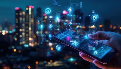 Hand Holding Smartphone with Digital Data Network Icons Over Night Cityscape