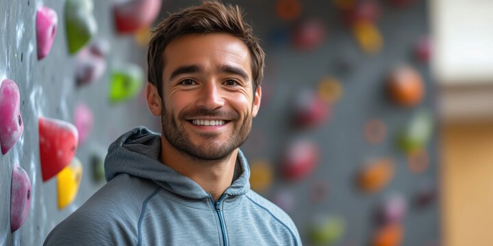 Smiling male climber in gray hoodie at indoor climbing gym with colorful holds