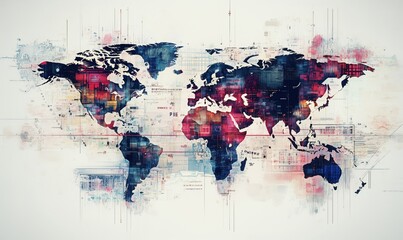 Colorful abstract world map with digital elements and artistic textures