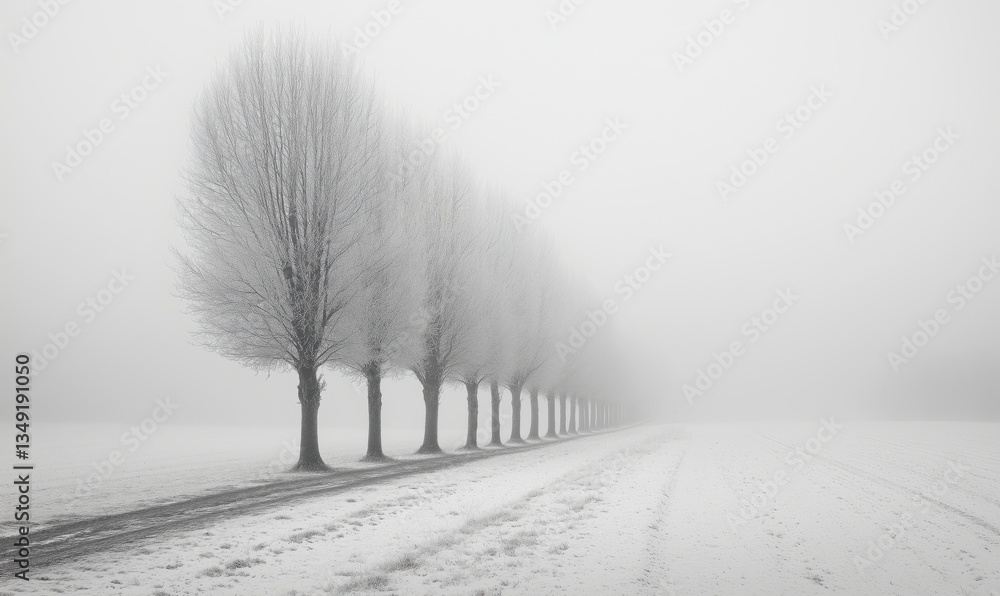 Poster misty winter landscape with row of trees in snow-covered field