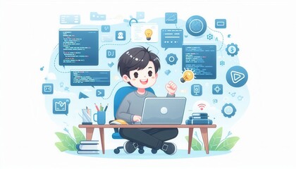 Fototapeta premium Creative coding session engaging digital illustration for beginners in bright home office