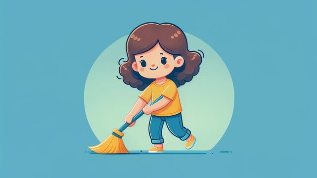 Cute girl with broom, cartoon animation, cleaning and housework concept, for children's video, explainer, chore chart, hygiene
