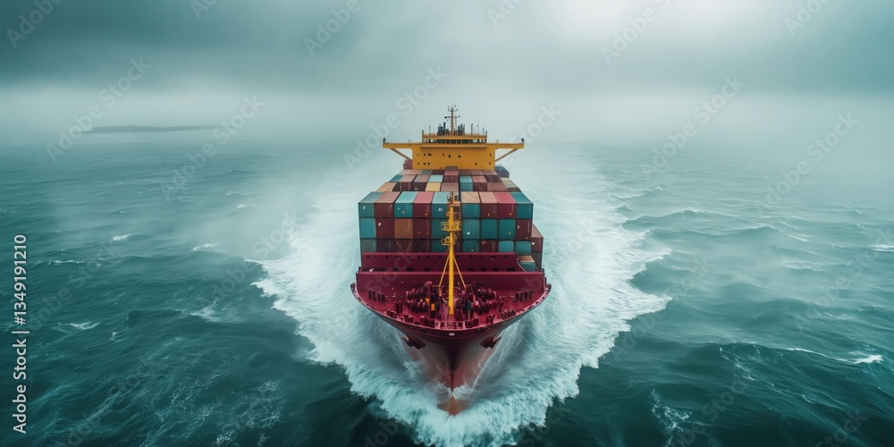 Poster container ship navigating through foggy waters with colorful cargo containers