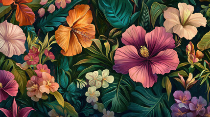 Fototapeta premium Vibrant and Colorful Floral Background with Exotic Flowers and Lush Green Leaves, Perfect for Nature Themes and Tropical Aesthetics in Design Projects