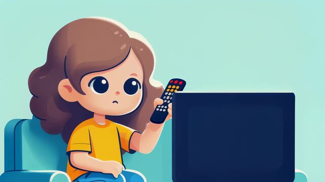 Animated girl on sofa watching television and changing channels with remote, cartoon style, leisure concept, for video production and social media